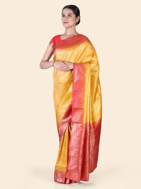 

CLAI WORLD Yellow & Red Silk Blend Woven Design Handloom Arani Saree