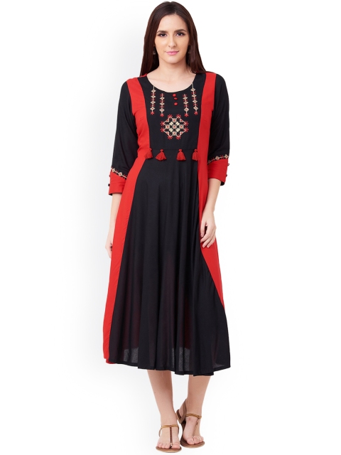 

IMARA Women Red & Black Colourblocked Fit and Flare Dress