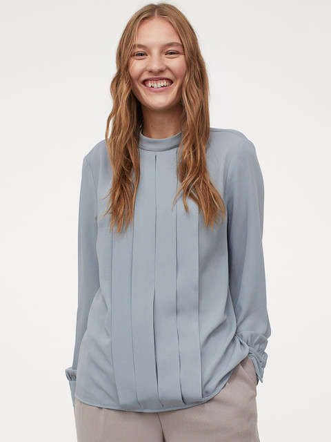 

H&M Women Ash Blue Solid Pleat-Front Blouse