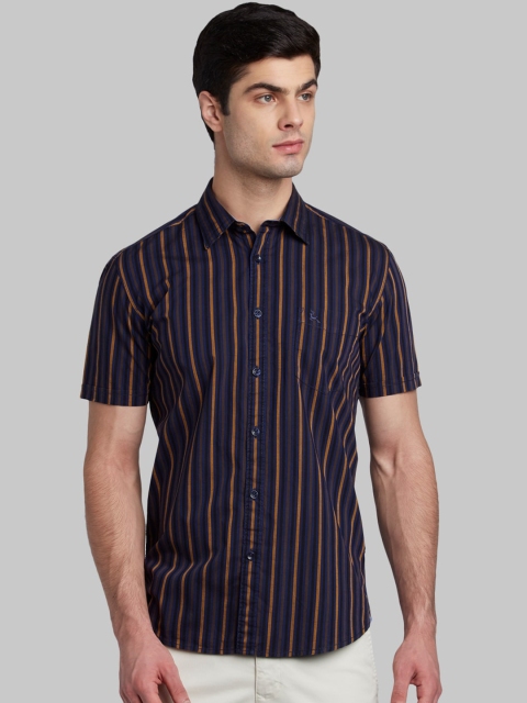 

Parx Men Navy Blue & Yellow Slim Fit Striped Casual Shirt