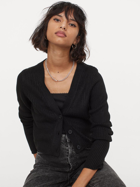 

H&M Women Black Solid Rib Woolen Cardigan
