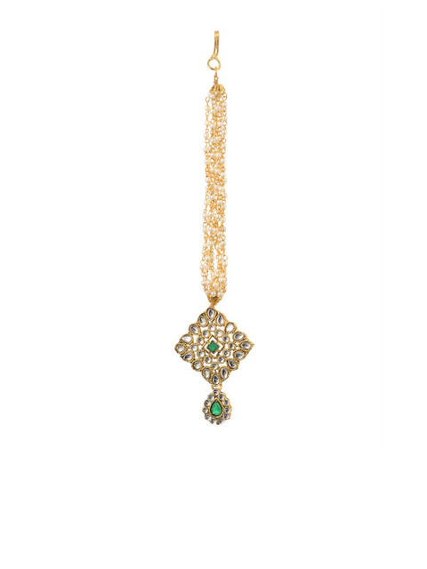 

INDYA Gold-Plated White & Green Stone & Kundan-Studded Beaded Maang Tikka