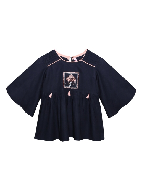 

Ishin DESIGNER STUDIO Girls Navy Blue Embroidered Top