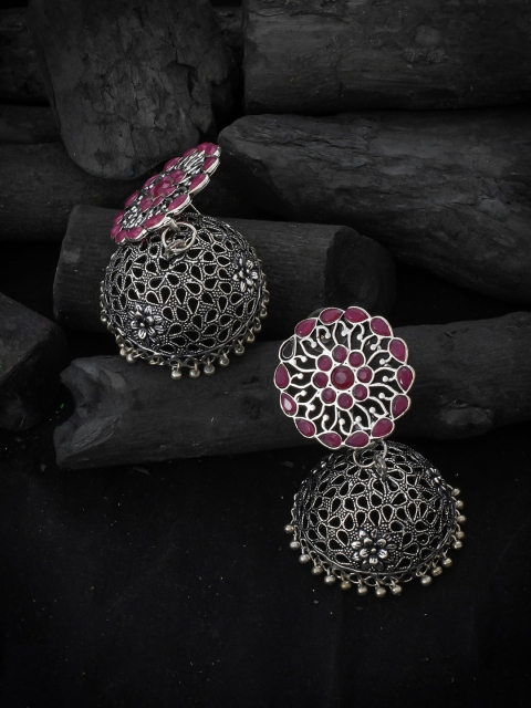 Silvermerc Designs Silver-Toned & Pink Dome Shaped Jhumkas