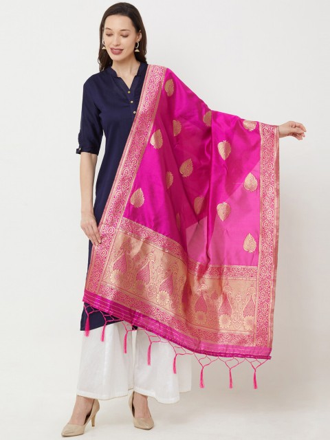 Satrani Pink & Gold-Coloured Woven Design Jacquard Banarasi Dupatta