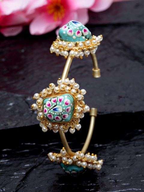 

Moedbuille Gold-Plated Turquoise Blue Handpainted Meenakari Work Pearls Studded Brass Cuff