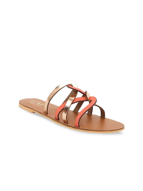 

CAI Women Coral Pink & Gold-Toned Colourblocked PU Open Toe Flats