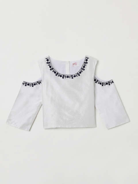

max Girls White & Blue Embroidered Top with Skirt