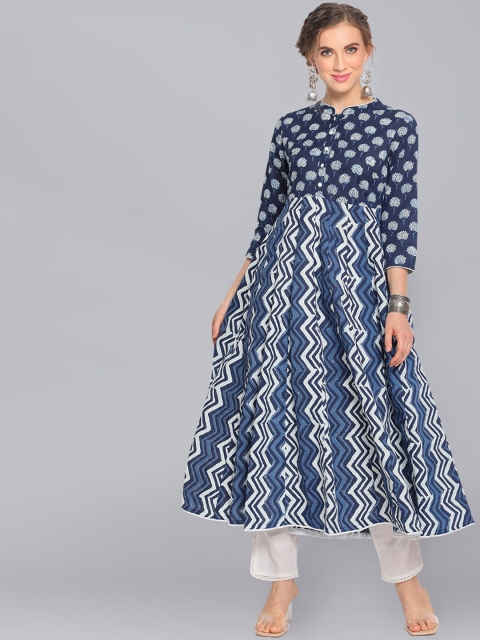 

AKS Women Navy Blue & White Printed Anarkali Kurta