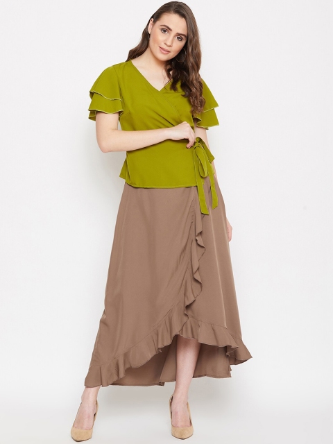

Bitterlime Women Green & Brown Solid Top with Skirt