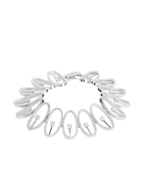 

shaze Brass Rhodium-Plated Zircon Studded Bangle-Style Bracelet, Silver