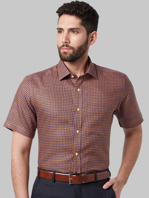 

Park Avenue Men Brown Regular Fit Checked Linen Formal Shirt