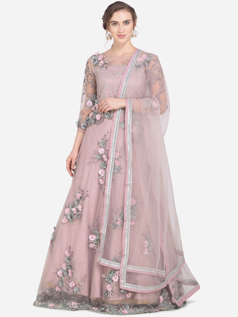 

Stylee LIFESTYLE Pink & Silver-Toned Net Semi-Stitched Dress Material