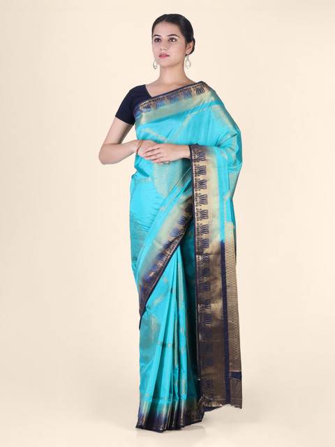 

CLAI WORLD Turquoise Blue & Navy Blue Silk Blend Woven Design Mysore Silk Saree