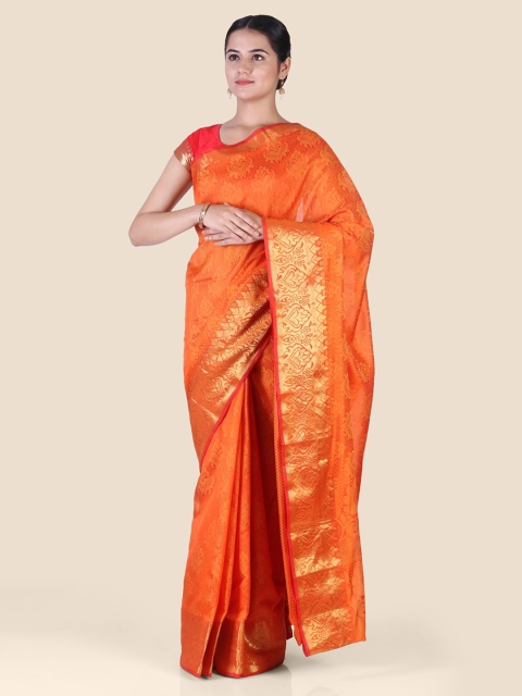 

CLAI WORLD Orange & Gold-Coloured Cotton Blend Woven Design Banarasi Saree