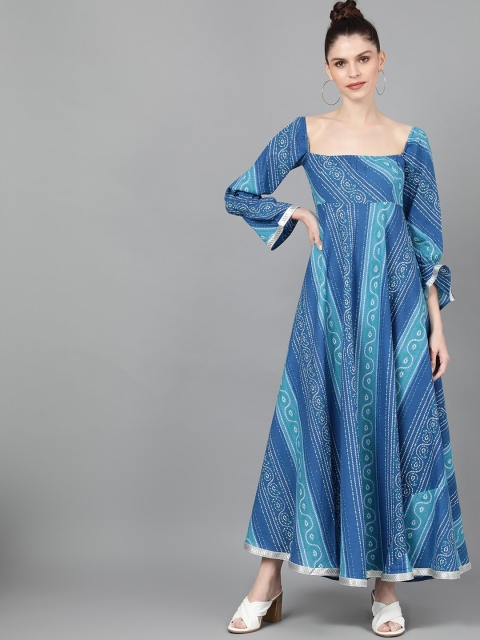 

AKS Women Blue Bandhani Printed Fit and Flare Dress