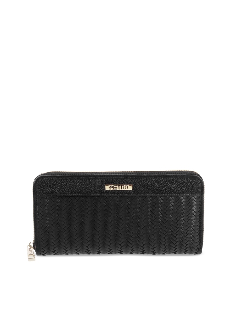 

Metro Women Black Woven Design Leather Zip Around Wallet