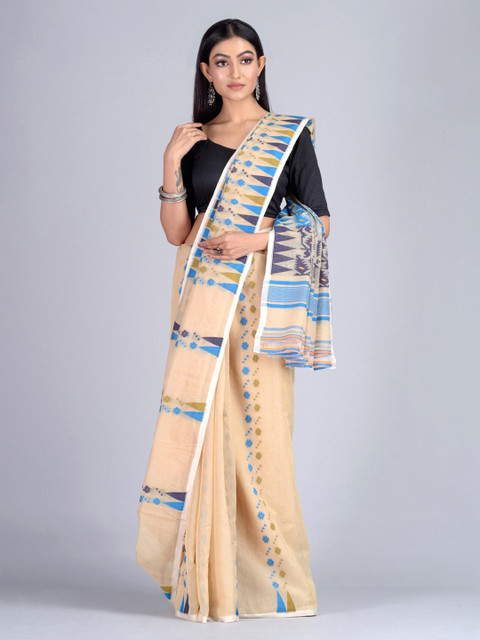 

Mitera Beige Silk Cotton Printed Jamdani Saree