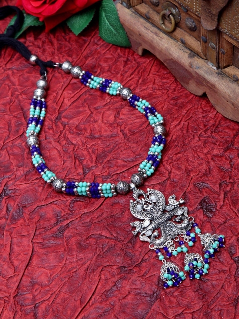 

Moedbuille Silver-Toned & Blue Brass-Plated Brass-Plated Afghan Necklace