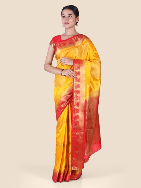 

CLAI WORLD Yellow & Gold-Toned Silk Blend Woven Design Mysore Silk Saree