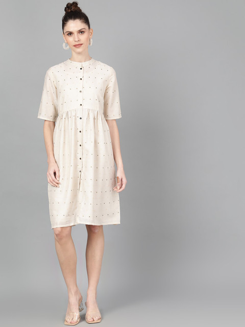 

AKS Women Off-White Self Design A-Line Dress