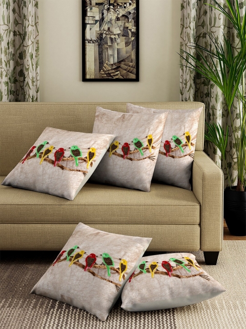 

DREAM WEAVERZ Set of 5 Beige & Red Self Design Square Cushion Covers