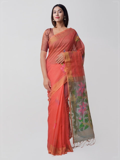 

Unnati Silks Pink & Blue Silk Cotton Woven Design Jamdani Saree