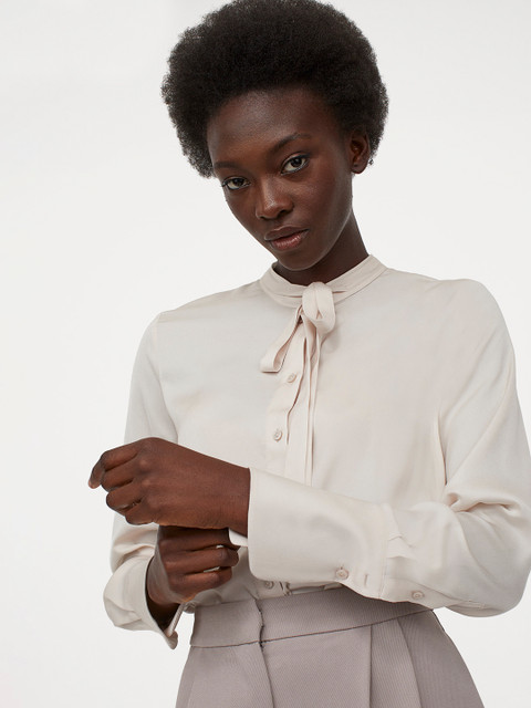 

H&M Women Beige Solid Tie Collar Blouse