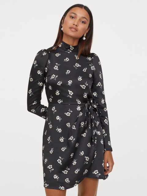 

H&M Women Black Floral Satin Wrap Dress