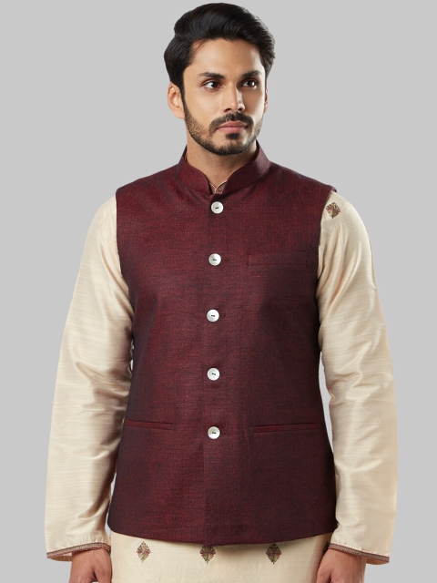 

Ethnix by Raymond Men Maroon & Black Woven Design Linen Nehru Jacket