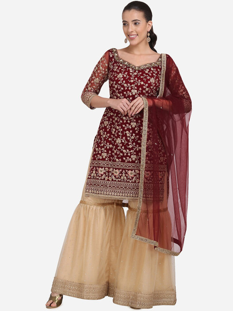 

Stylee LIFESTYLE Maroon & Beige Net Semi-Stitched Dress Material
