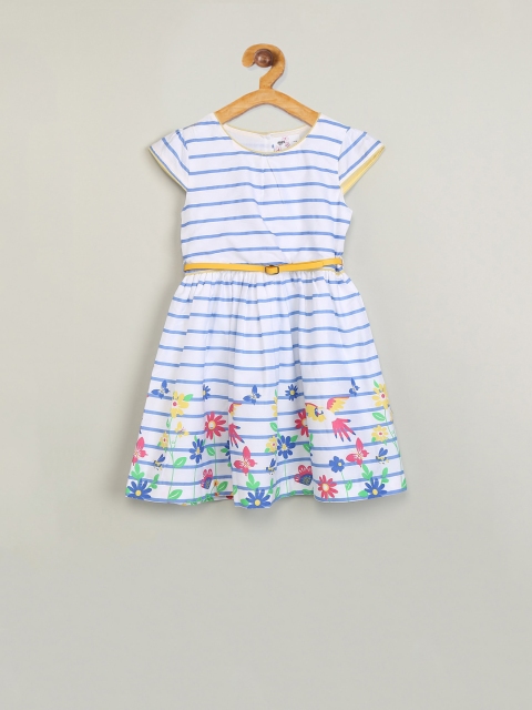 

max Girls White & Blue Striped Fit and Flare Dress