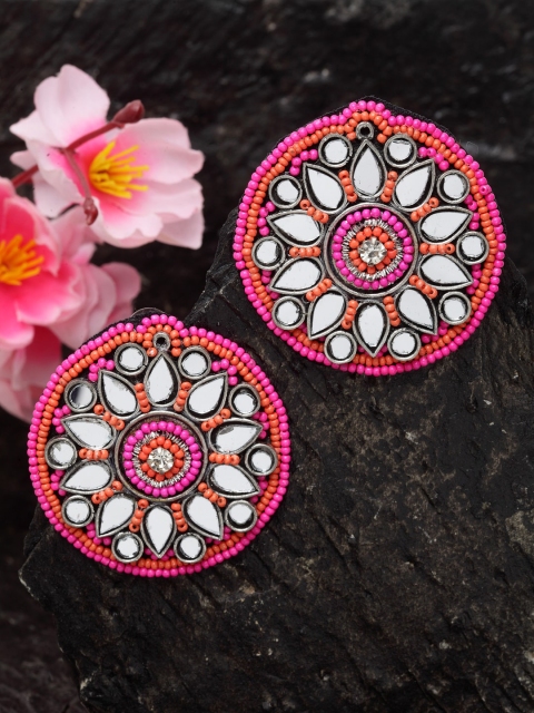 

Moedbuille Pink & Silver-Toned German Silver Oxidised Circular Studs