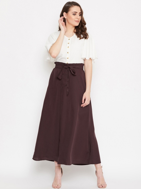 

Bitterlime Women Off-White & Coffee Brown Solid Top with Skirt