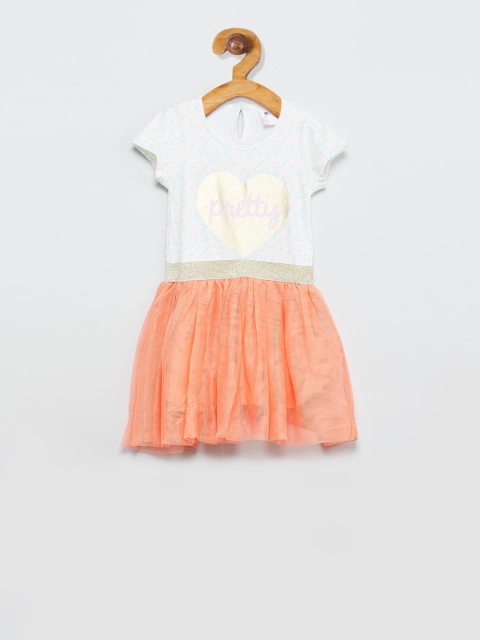 max Girls Off-White & Orange Printed Fit and Flare Dress