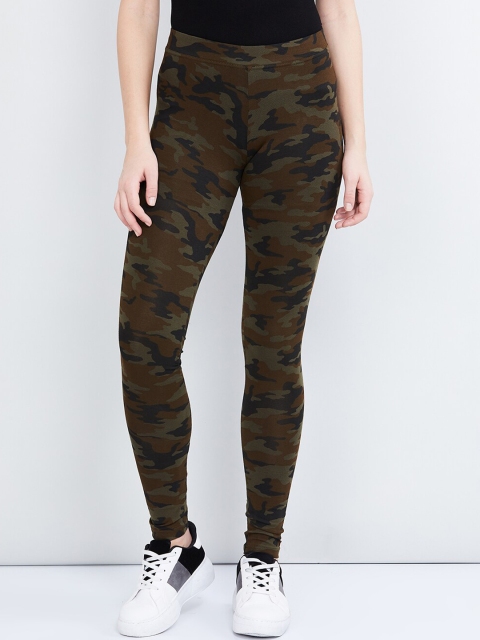 

max Women Olive Green & Brown Camouflage Print Ankle-Length Leggings