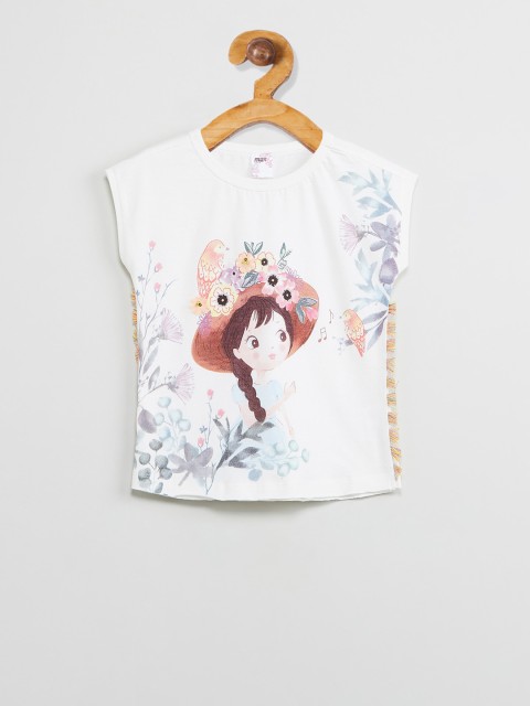 max Girls Cream-Coloured & Brown Floral Printed Round Neck T-shirt