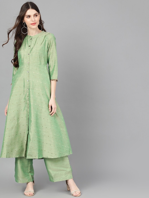 

AKS Women Green Woven Design A-Line Kurta