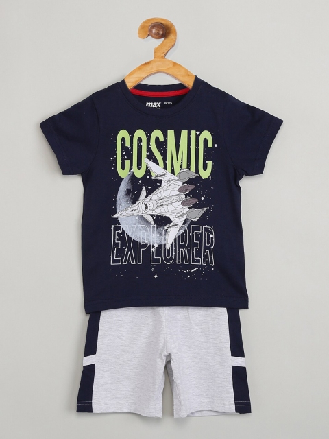 

max Boys Navy Blue & Grey Printed Night suit