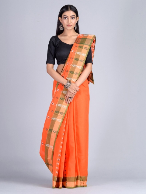 

Mitera Orange & Green Pure Cotton Printed Handloom Taant Saree