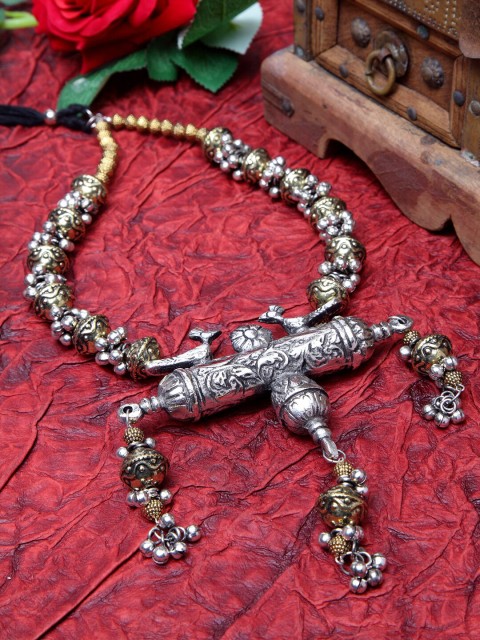

Moedbuille Temple Design Antique Oxidised Handcrafted Dual Tone Tasselled Necklace, Silver
