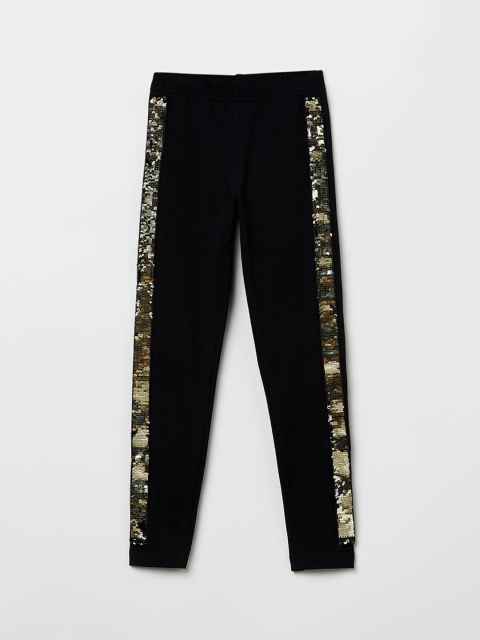 

max Girls Black & Gold-Coloured Embellished Ankle-Length Leggings