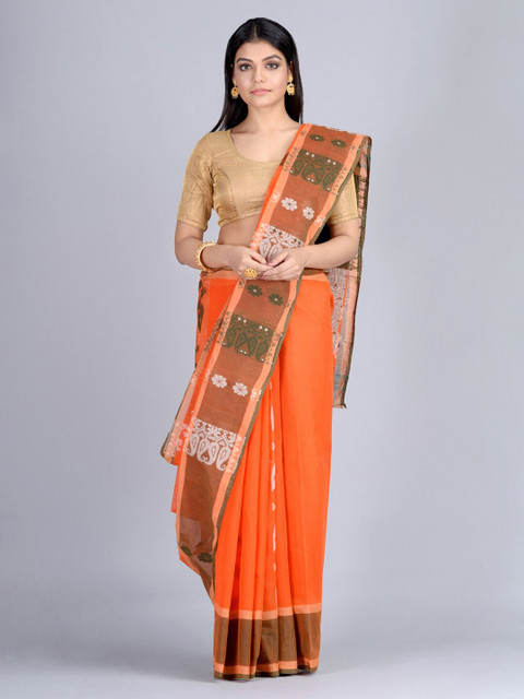 

Mitera Orange Pure Cotton Woven Design Handloom Taant Saree