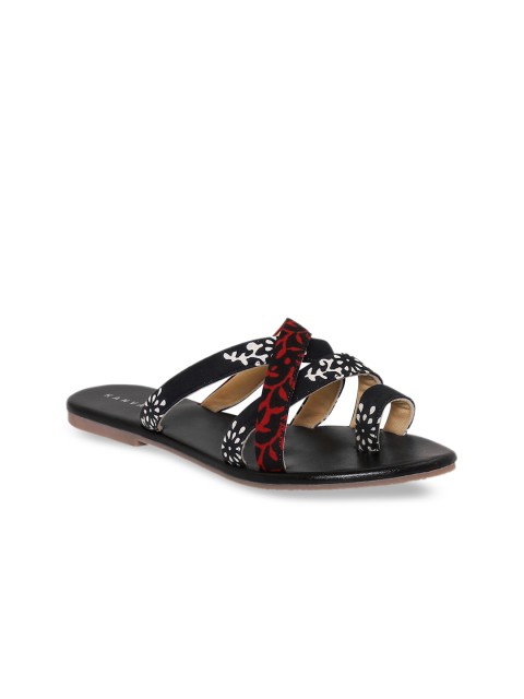 

Kanvas Women Black Printed Fabric Open Toe Flats