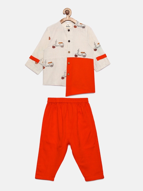 

Tutus By Tutu Boys Off-White & Coral Red Printed Kurta with Pyjamas