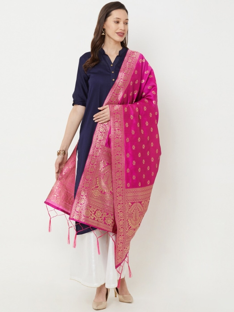 

Satrani Pink & Gold-Coloured Floral Woven Design Jacquard Banarasi Dupatta