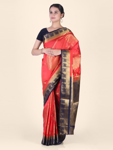 

CLAI WORLD Orange & Navy Blue Silk Blend Woven Design Mysore Silk Saree