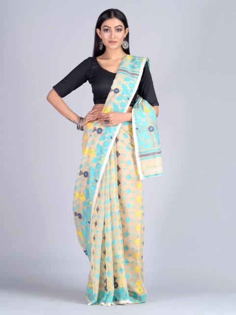 

Mitera Beige & Blue Silk Cotton Woven Design Jamdani Handloom Saree