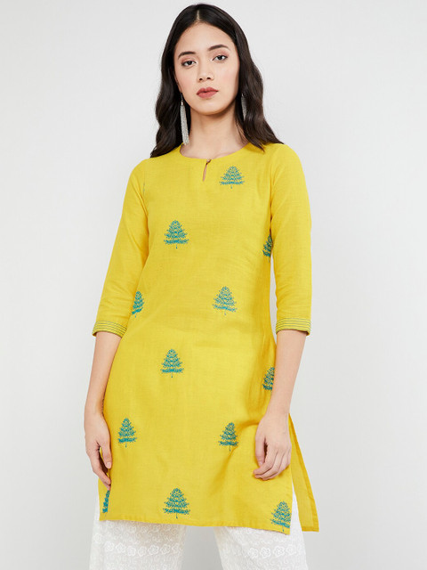 

MAX Women Yellow & Green Embroidered Three-quarter Sleeves Kurti