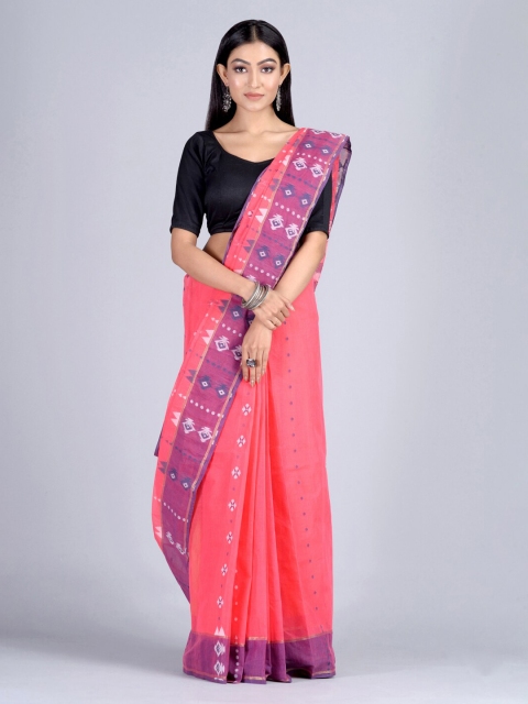 

Mitera Pink & Purple Pure Cotton Printed Handloom Taant Saree